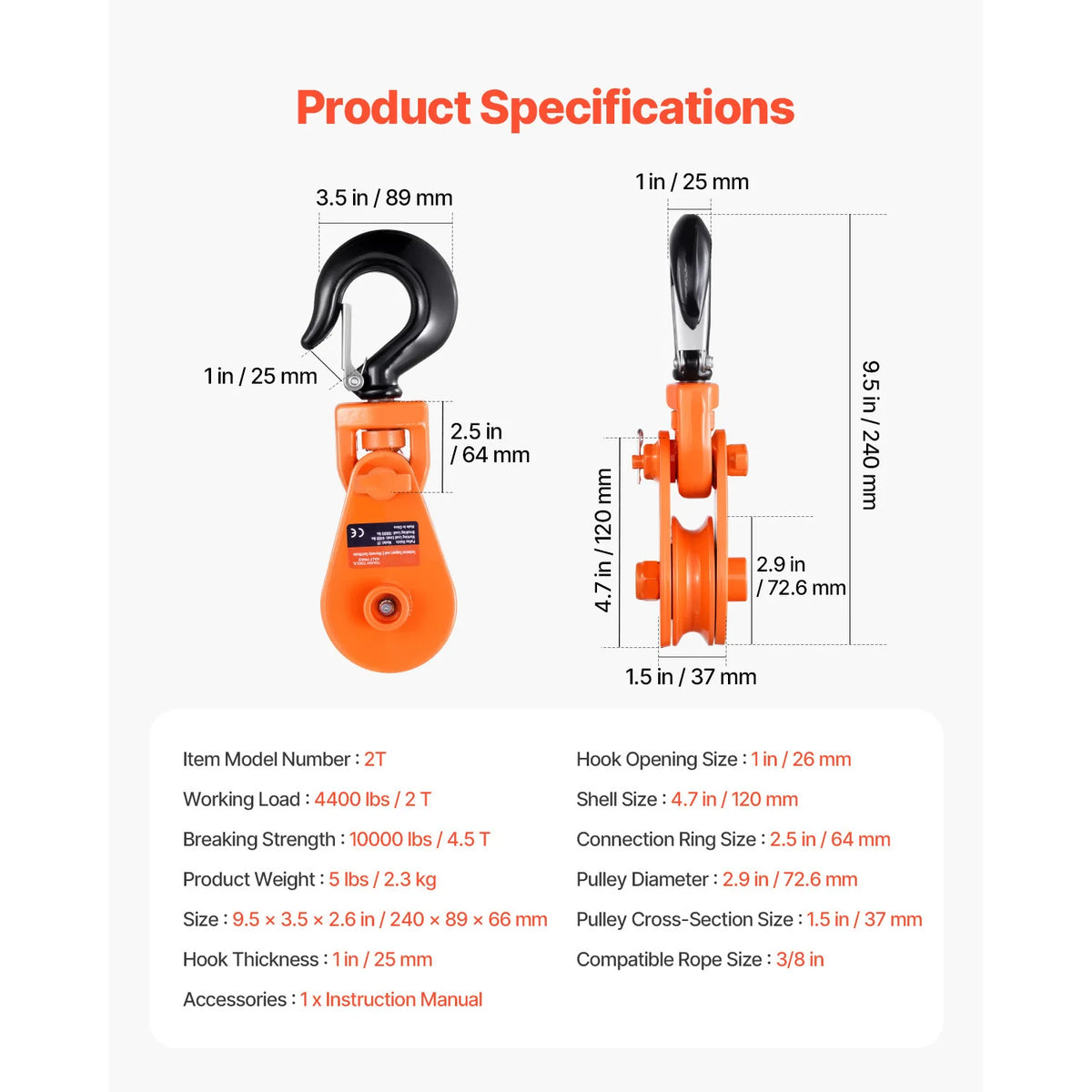 SucceBuy Snatch Block Pulley 2T with Swivel Hook Lifting Offroad Recovery for Towing Operation on Truck Rollback Wrecker Car