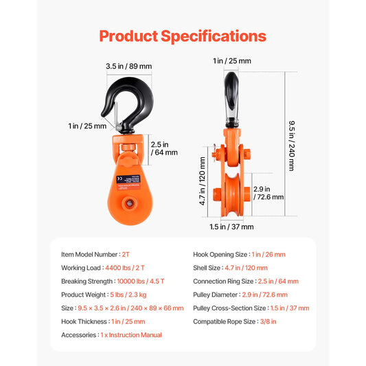 SucceBuy Snatch Block Pulley 2T with Swivel Hook Lifting Offroad Recovery for Towing Operation on Truck Rollback Wrecker Car
