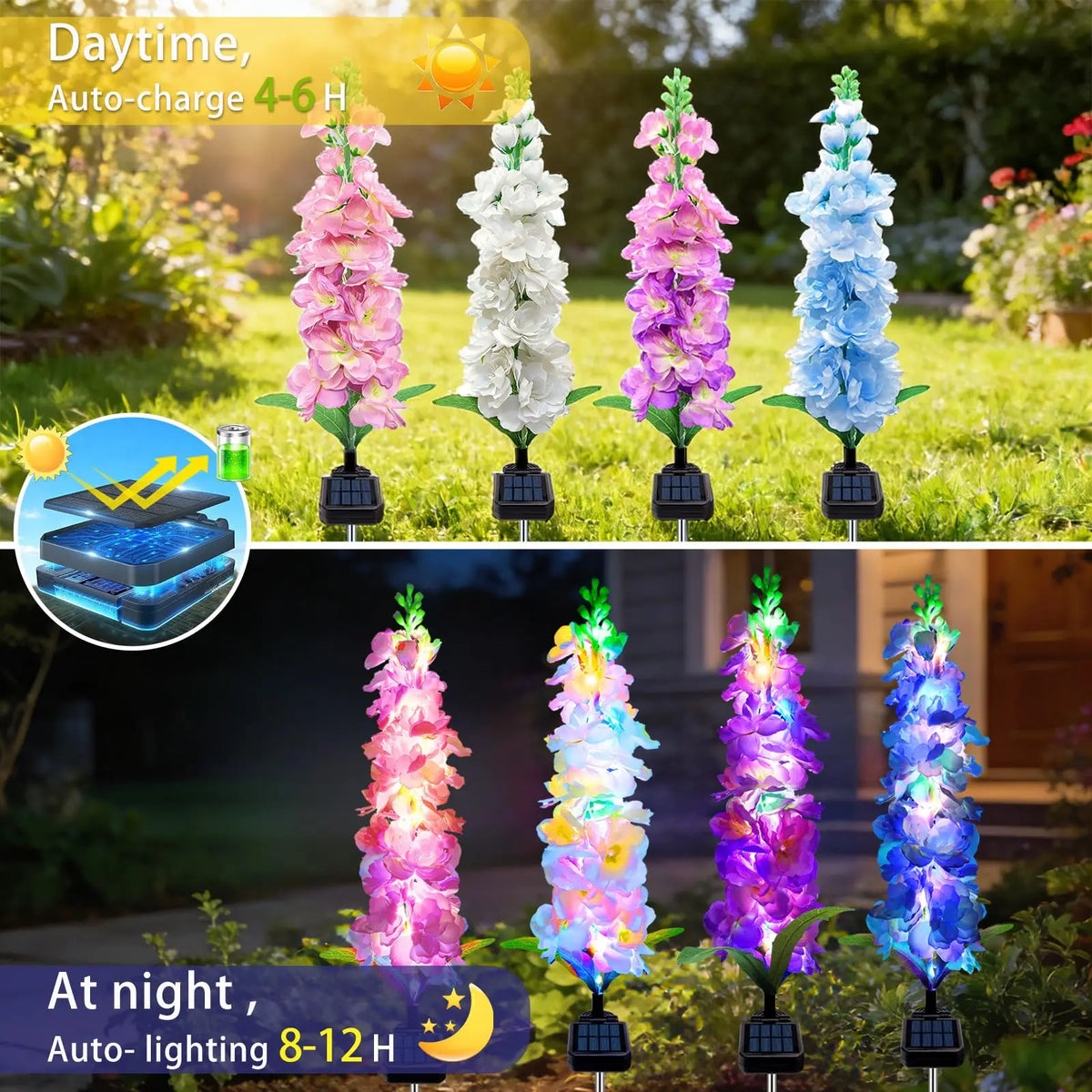 Solar Delphinium Flower Garden Lights For Outdoor Yard Decor
