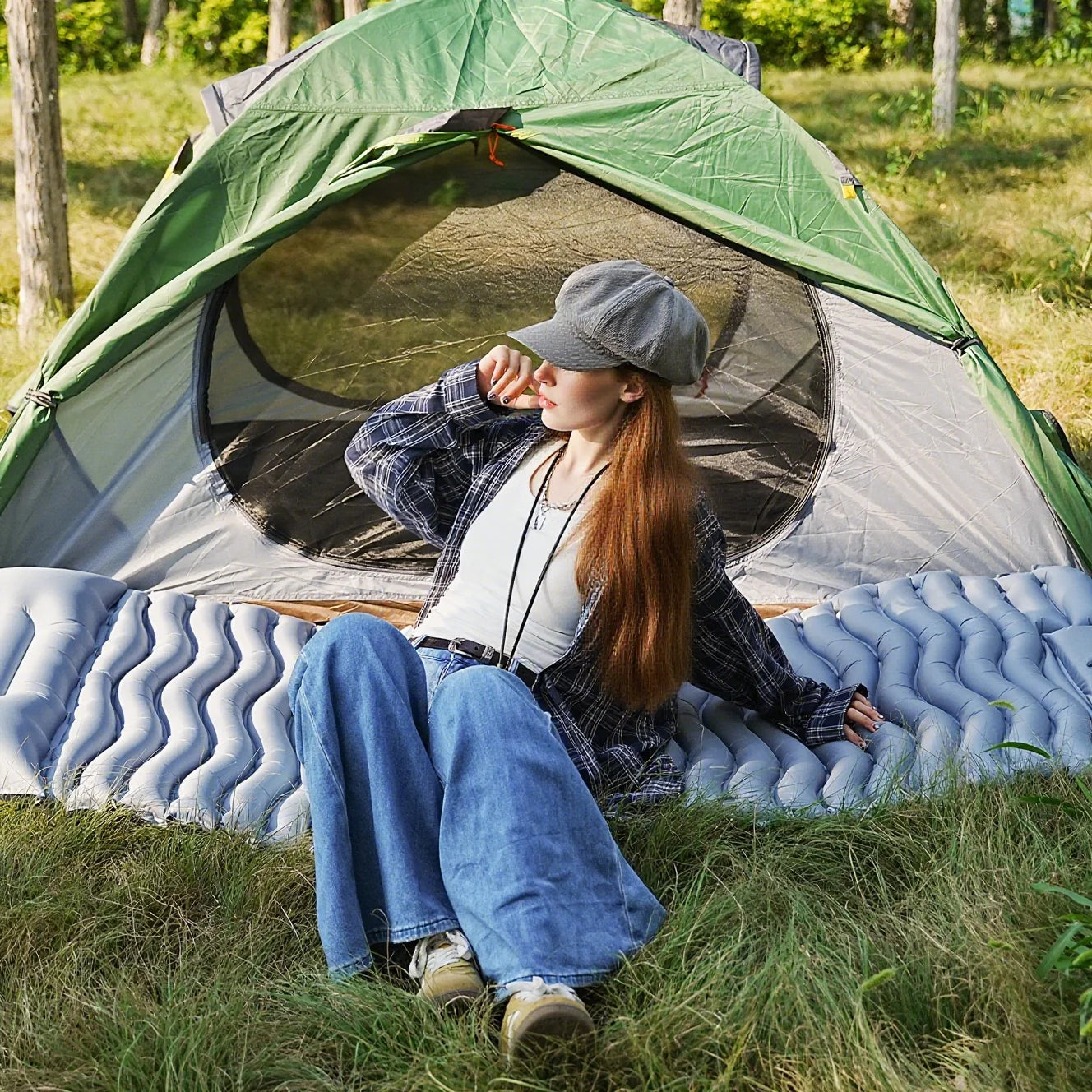 PAKICETUS Foot Pump Air Mattress, Quick Inflation Ultra Thick Anti-Slip Surface Durable TPU Inflatable Bed, Portable Camping Mat Guest Bed for Home Travel Outdoor Use