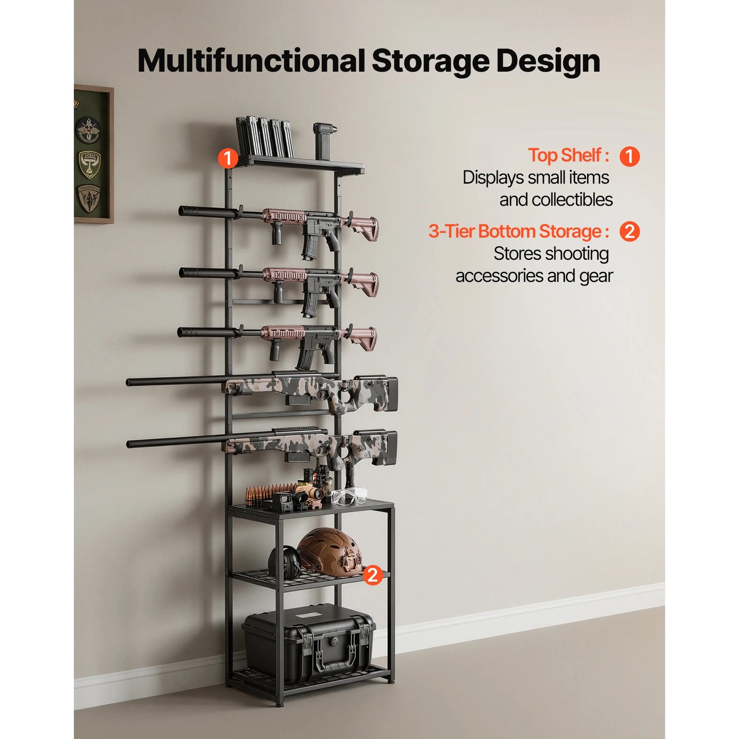 SucceBuy Steel Freestanding Gun Rack With Storage Shelf Display Stand
