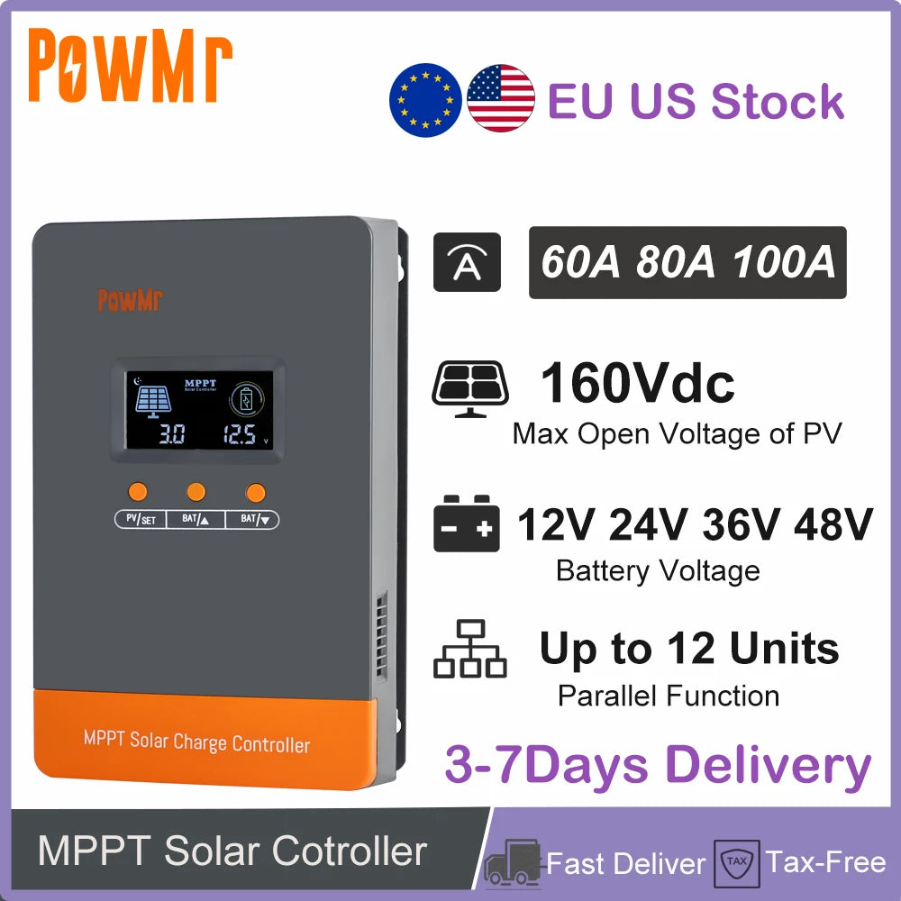 US EU Stock 60A 80A 100A Paralllel MPPT Solar Charge Controller 12V 24V 36V 48V Max PV 160Vdc Fit LifePo4 Batteria for Home RV