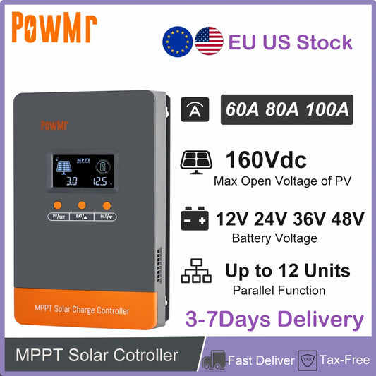 US EU Stock 60A 80A 100A Paralllel MPPT Solar Charge Controller 12V 24V 36V 48V Max PV 160Vdc Fit LifePo4 Batteria for Home RV