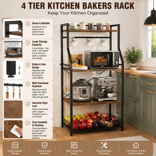 Freestanding Kitchen Baker Rack With Four Tier Steel Storage Shelf