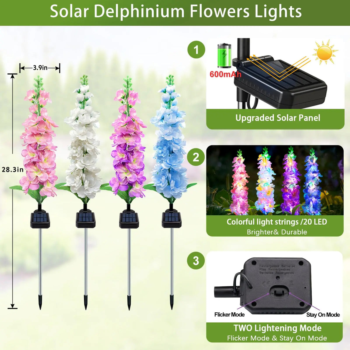 Solar Delphinium Flower Garden Lights For Outdoor Yard Decor