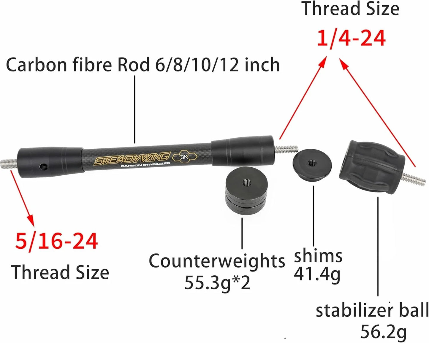 3K Carbon Compound Bow Stabilizer Balance Bar 6/8/10/12/15 Inch Shock Absorbing Vibration Dampening Rod Lightweight Archery Accessory for Outdoor Target Shooting and Small Game Hunting Equipment