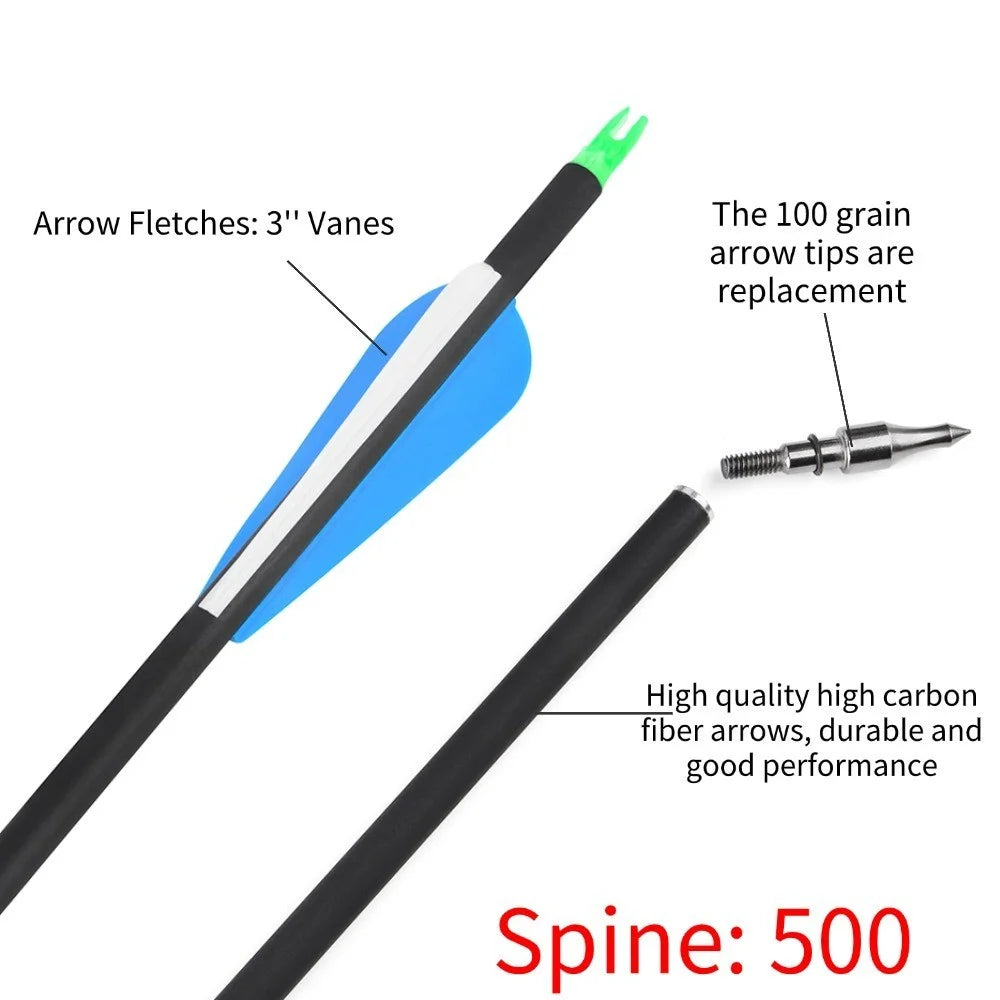 Hunting Carbon Arrows 12pcs 31.5 Inch Spine 500 ID6.2mm OD7.8mm 3 Inch Rubber Feather 100 Grain Tips for Recurve Bow