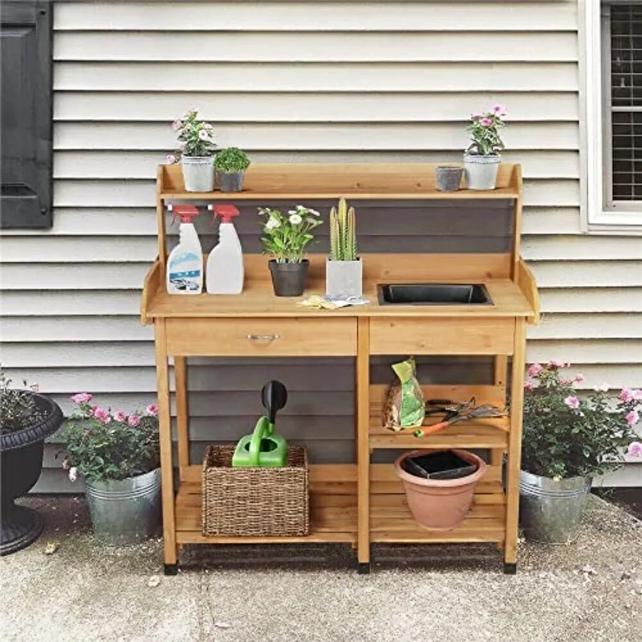 Outdoor Garden Potting Bench Table With Sink And Drawer For Patio, Balcony, Or Deck Use; Solid Wood Construction; Color B; Dura