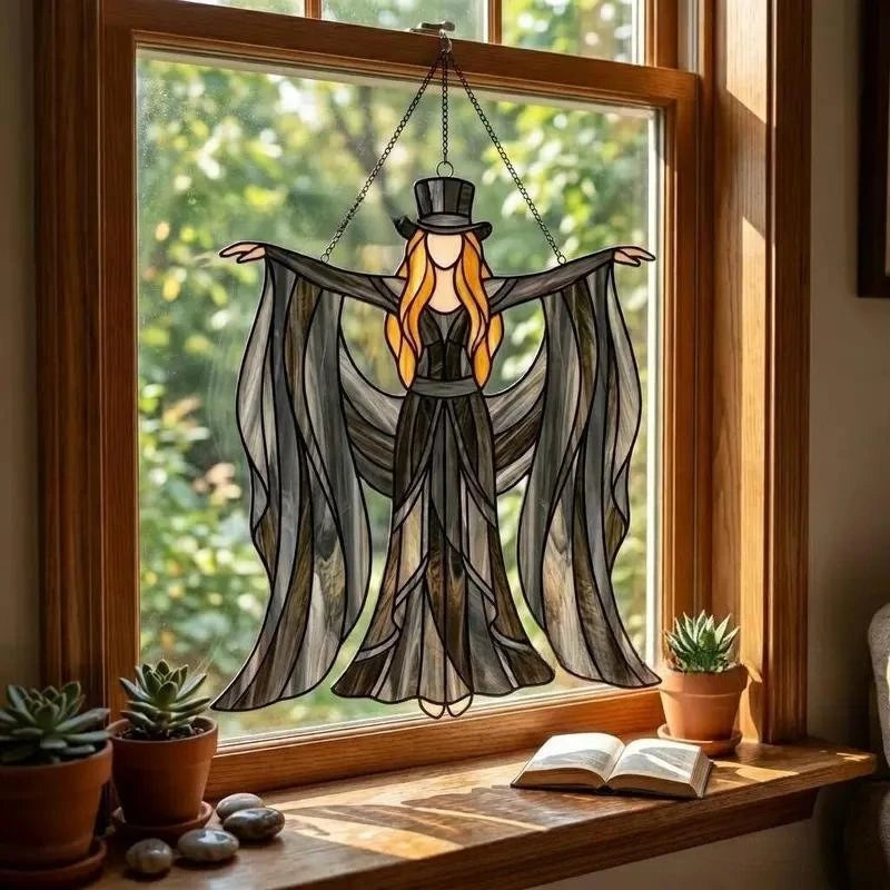Acrylic Witch Ghost Black Cat Stained Glass Window Suncatcher