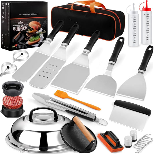 27Pcs Flat Top Griddle Accessories Kit Enlarged Spatula Set With Basting Cover & Burger Patty Press Portable Outdoor Camping Backyard BBQ Teppanyaki Hibachi Cooking Tools Gift Set