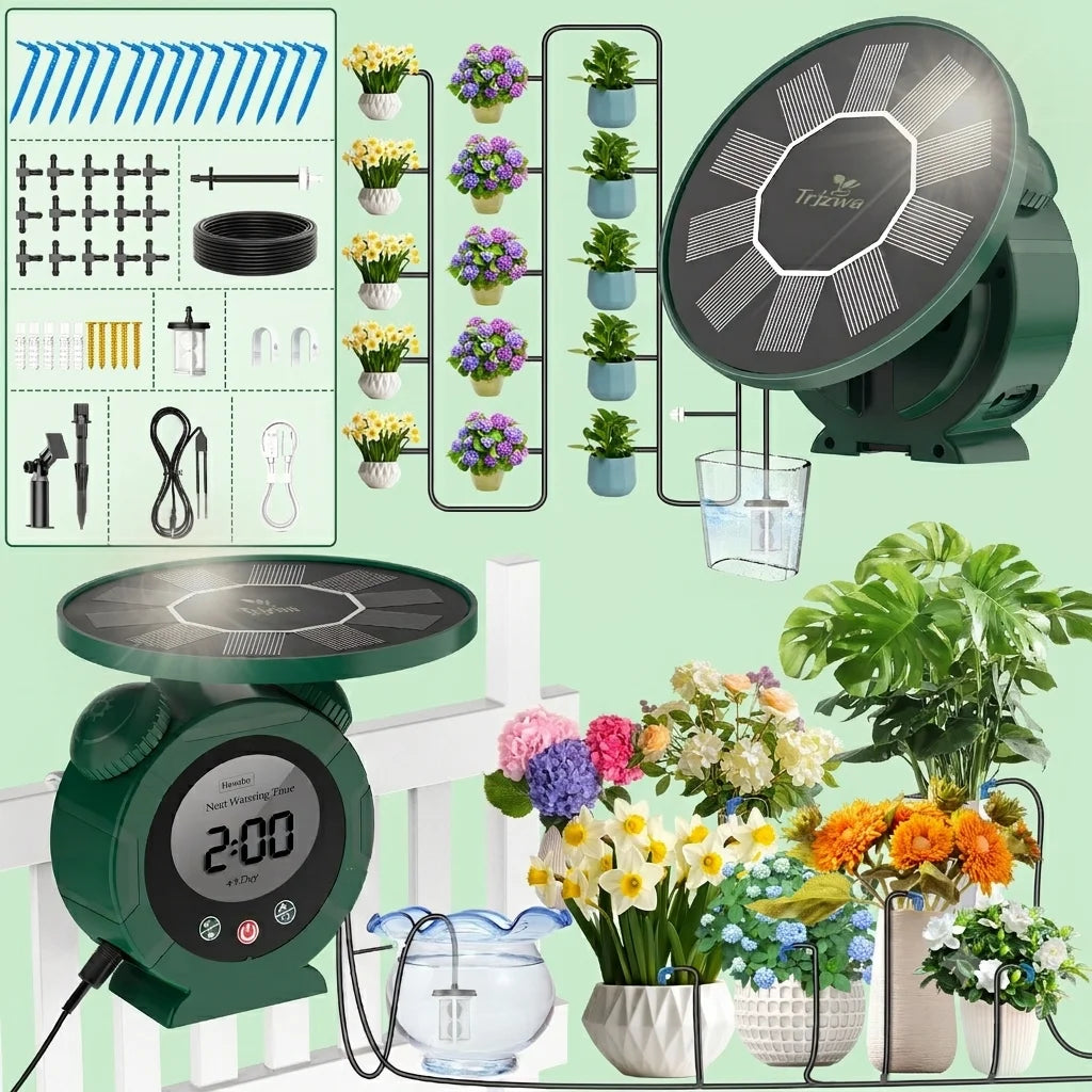 Solar Drip Irrigation Watering Sytem, with Dual Supply Option Solar-Powered&USB Charging, Multiple Watering Programs, DIY Watering Kit with Alarm Clock&15 Dripper for Potted Plants/Garden/Lawn ﻿