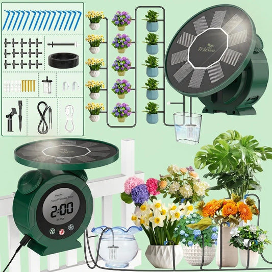 Solar Drip Irrigation Watering Sytem, with Dual Supply Option Solar-Powered&USB Charging, Multiple Watering Programs, DIY Watering Kit with Alarm Clock&15 Dripper for Potted Plants/Garden/Lawn ﻿