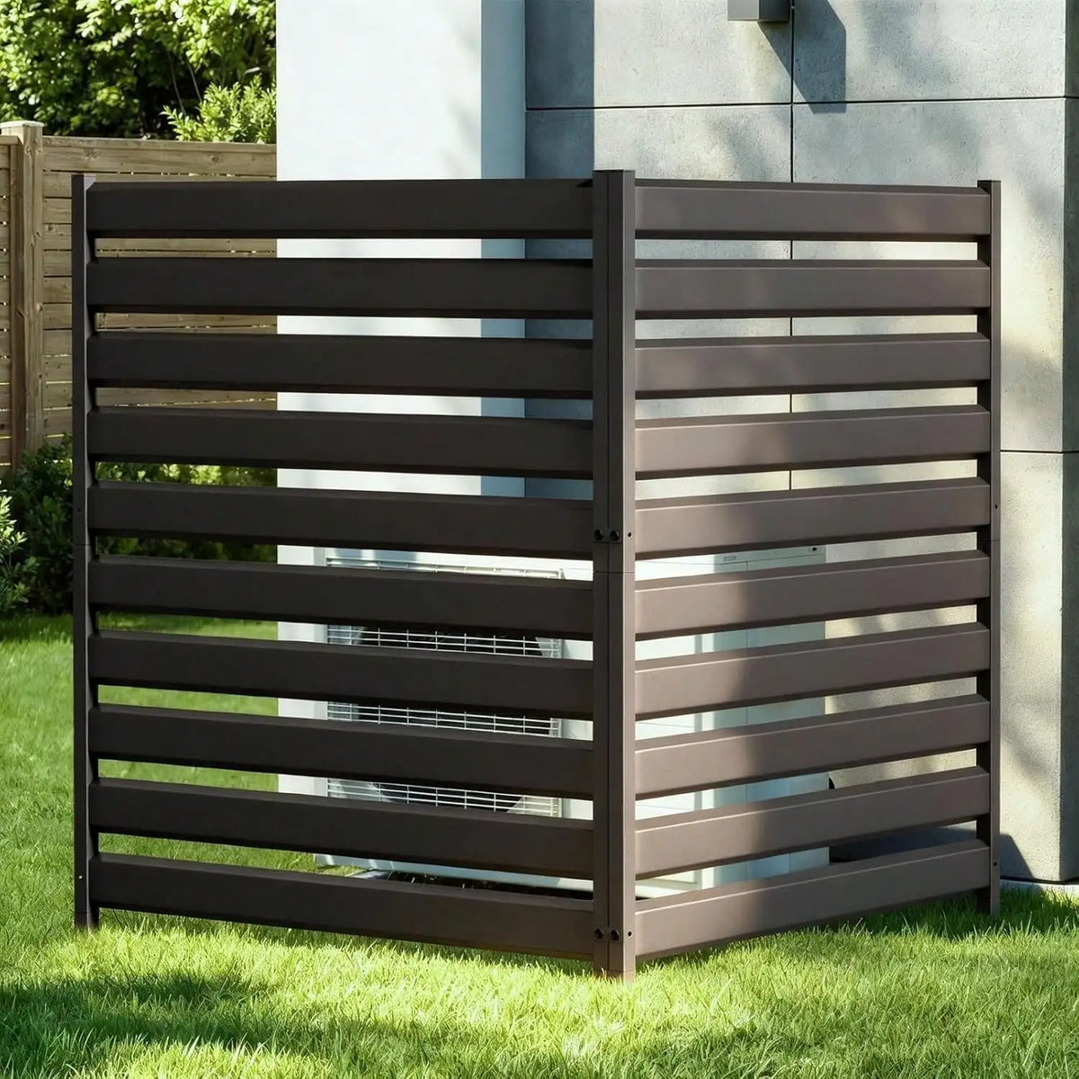 Wooden Privacy Fence, 48 X 37 Inch Air Conditioner Fence, 3 Panel Solid Outdoor Wood Privacy Screen With Metal Stakes, Steel Fra