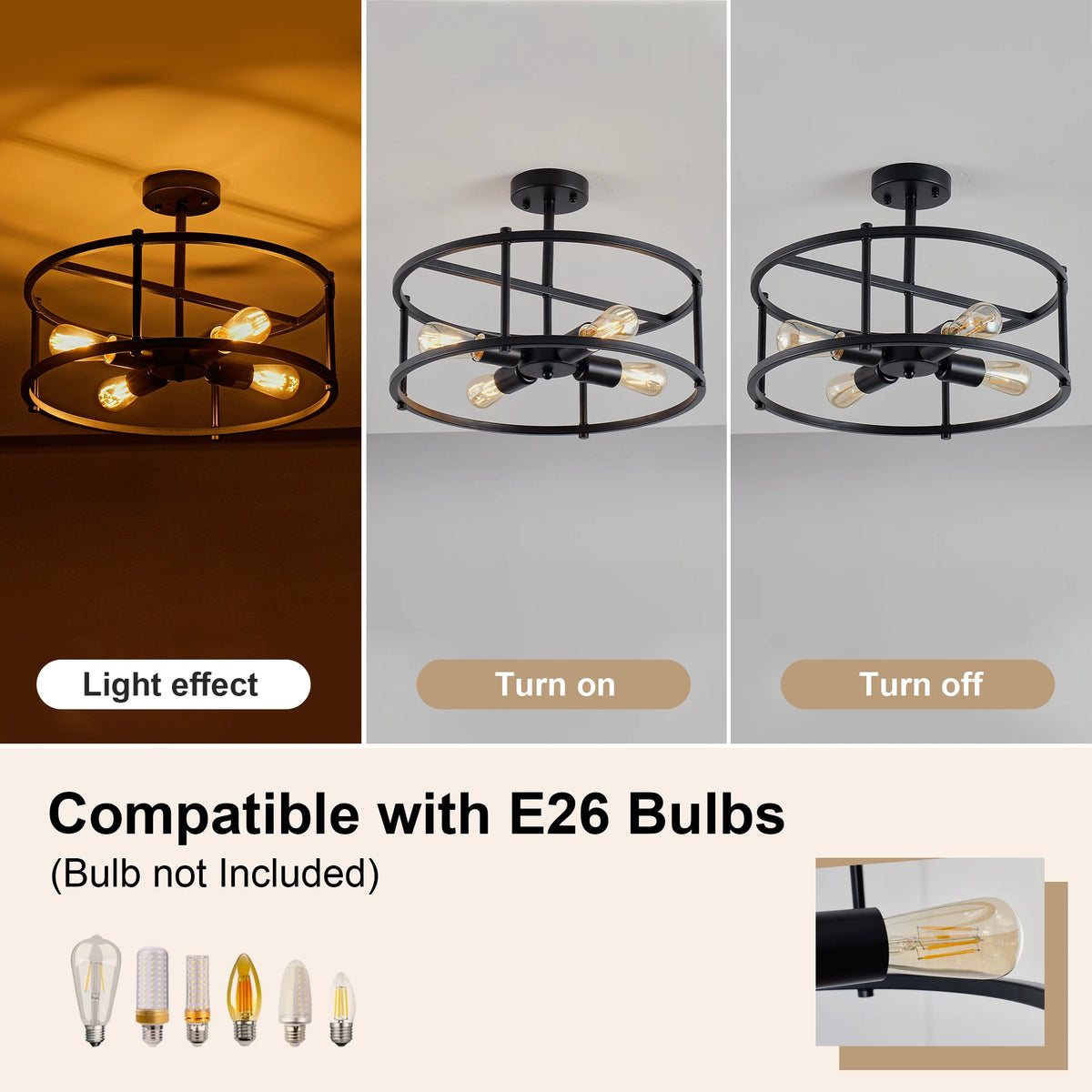 ARLGSTE Four Light Farmhouse Industrial Semi Flush Mount Ceiling Light