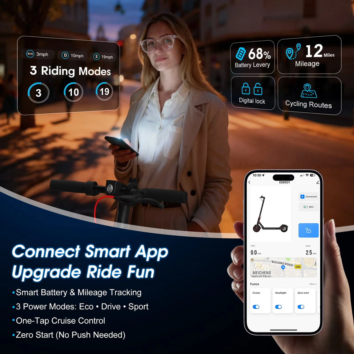 OBX Foldable Electric Scooter With App And Solid Tires For Adults