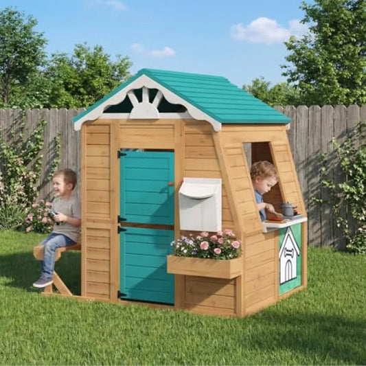MDNG Outdoor Wooden Kids Playhouse Cottage With Bench And Kitchen