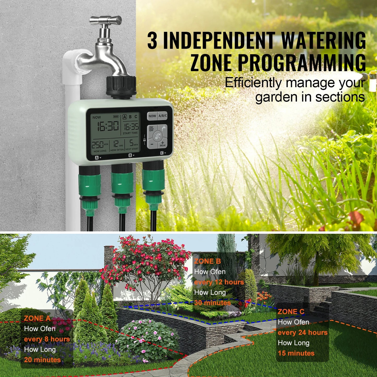 SucceBuy 3 Outlet Water Timer LCD Display Rain Delay Mode