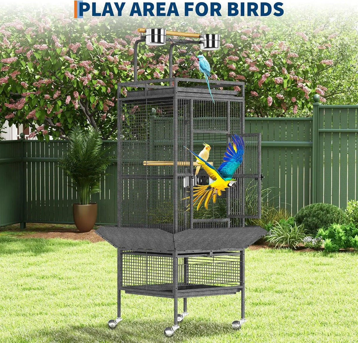 HiMISS Rolling Flight Bird Cage With Play Top Wooden Perches