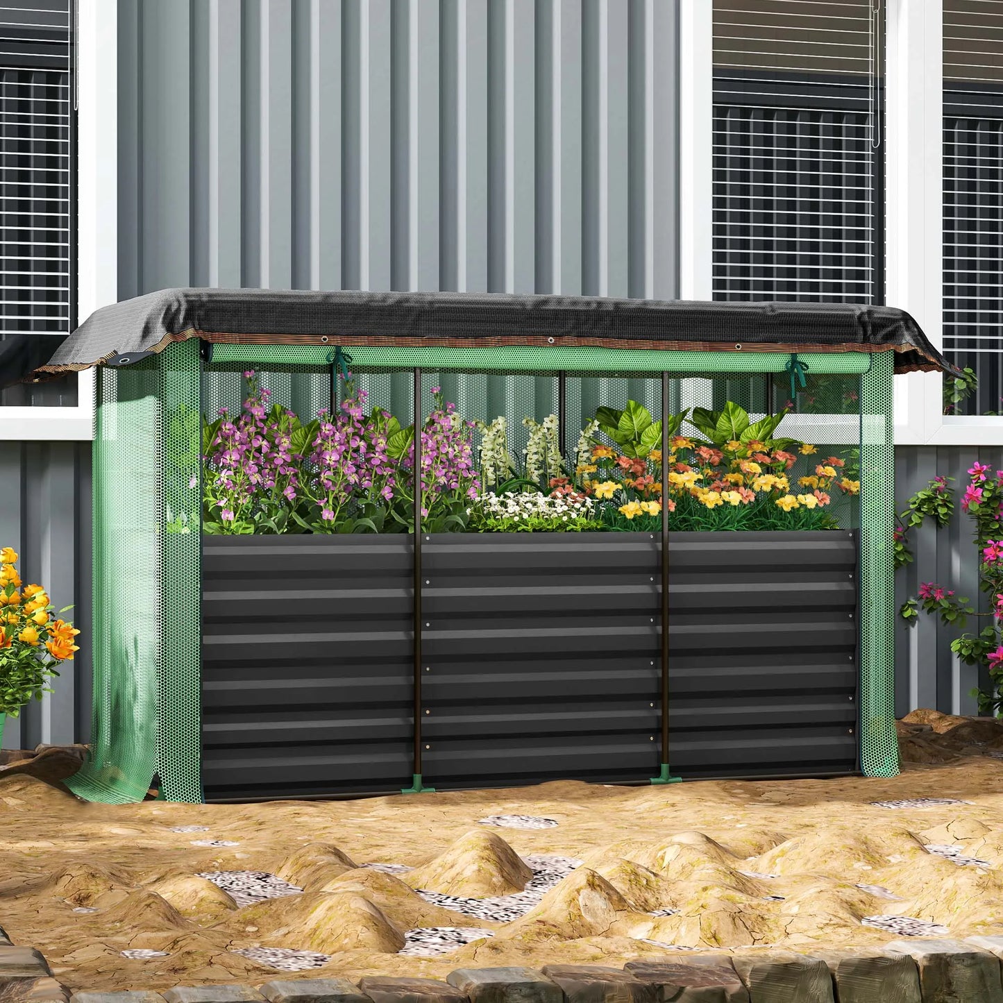 Galvanized Raised Garden Bed with Crop Cage & Shade Cloth, Gray