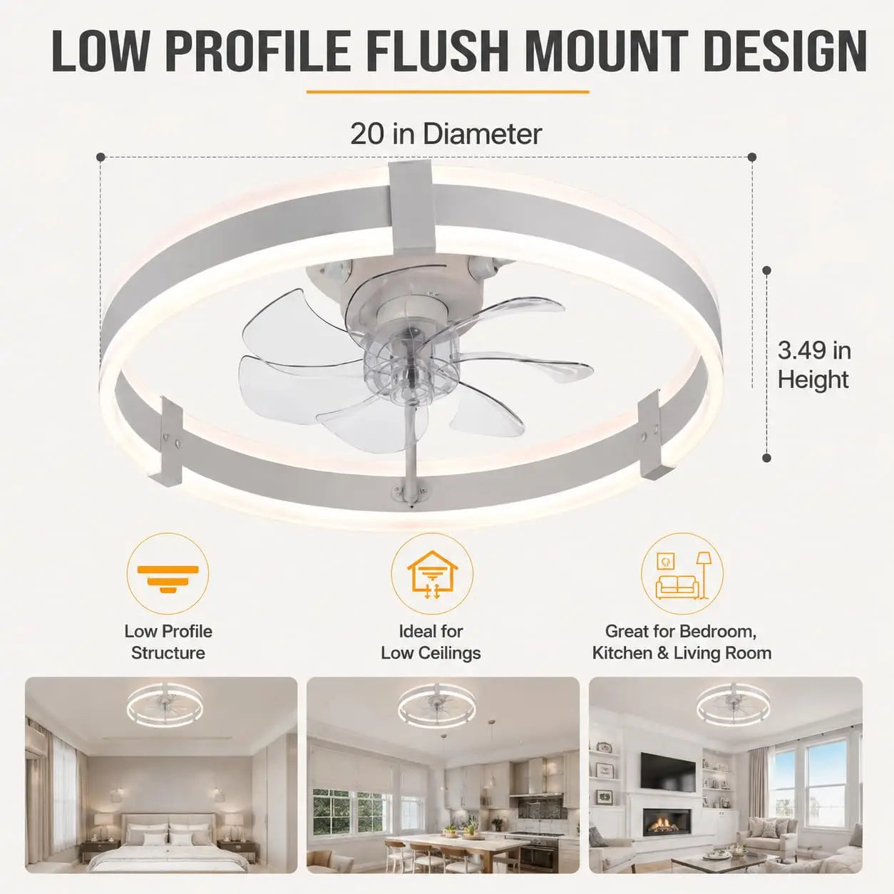 Low Profile Flush Mount Ceiling Fan With Dimmable LED Light
