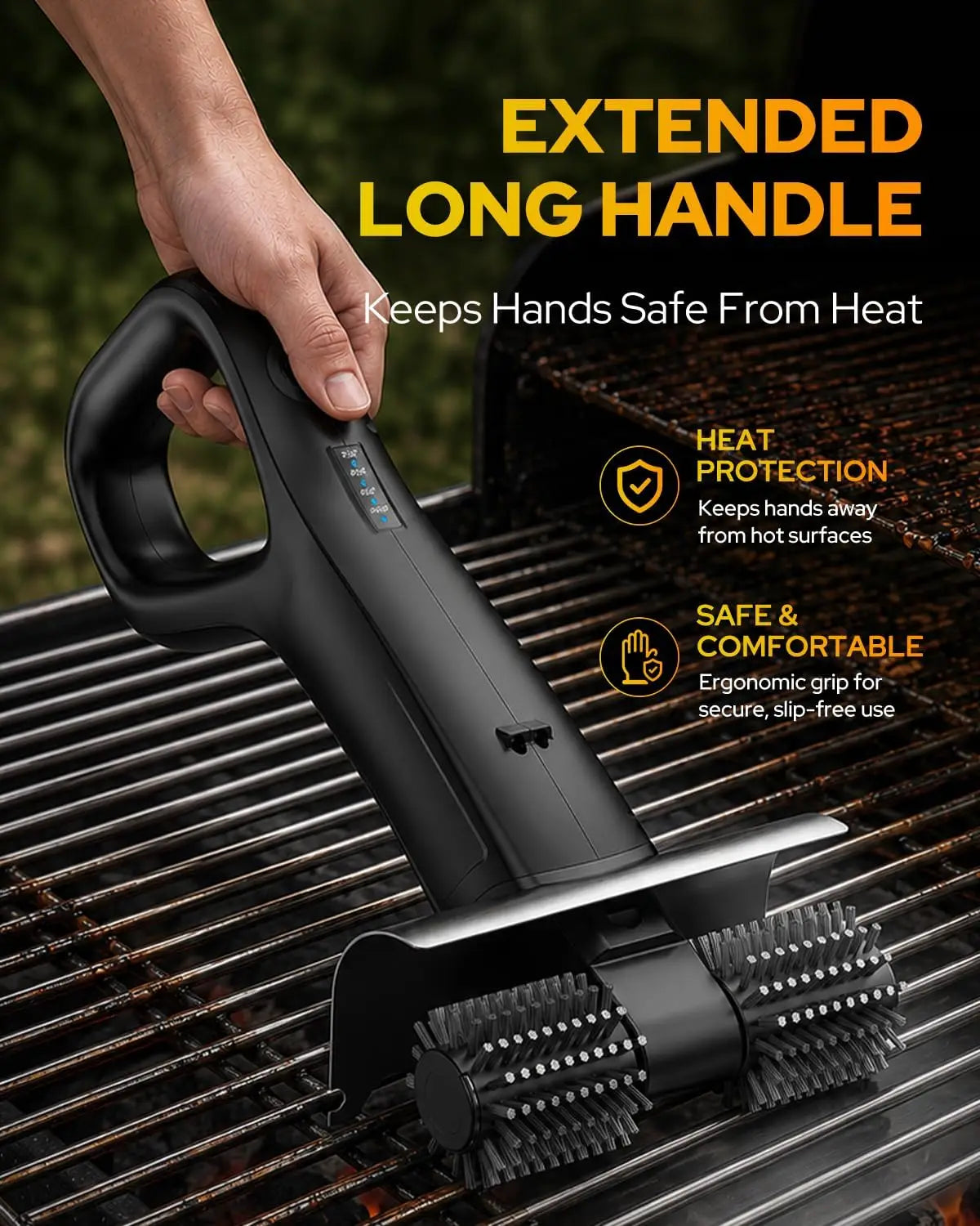 2026 Electric Grill Brush with 2 Brush Heads, 800RPM 25kgf High Torque BBQ Cleaner, 3500mAh Battery, 180 Mins Long Runtime, Extended Handle, Works as Grill Scraper for Tough Grease
