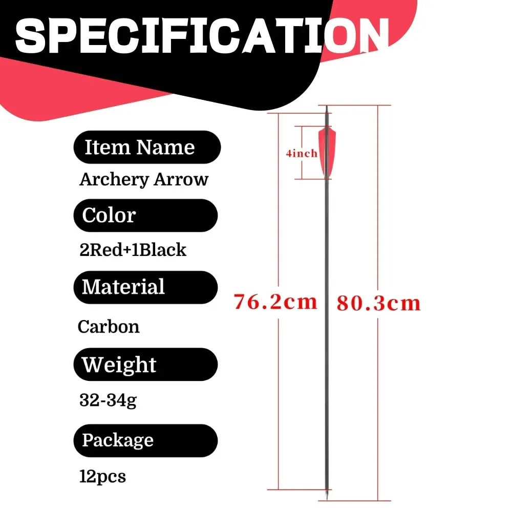 12pcs Archery Mixed Carbon Arrows Spine 500 ID6.2mm OD7.8mm 4 Inch Shield Turkey Feathers 100 Grain Tips for Compound Recurve Bow Hunting Shooting