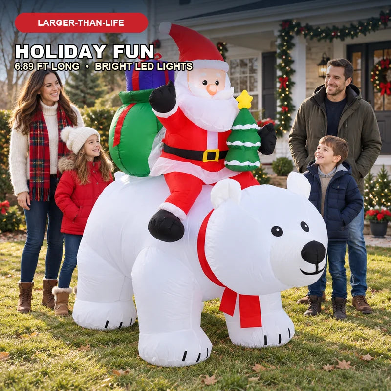 Santa Riding Polar Bear Christmas Inflatable With LED Lights
