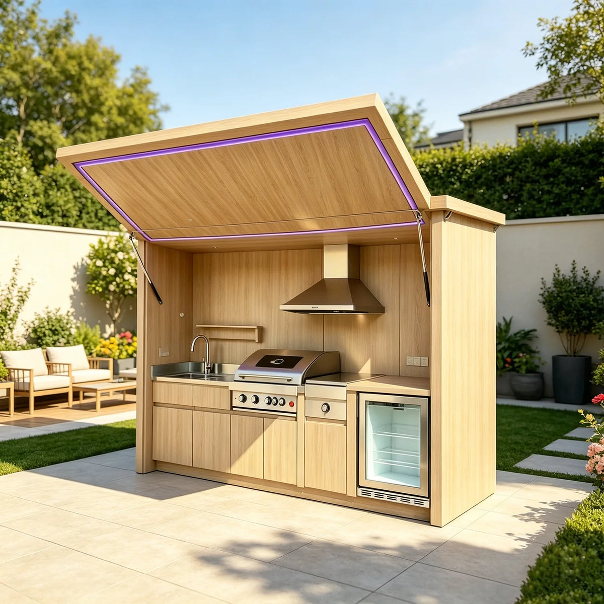 2026 Top Outdoor Kitchen Design, Aluminum Cabinet with Sun Shade, Complete Cookware Set & Durable Motorized Door for Garden