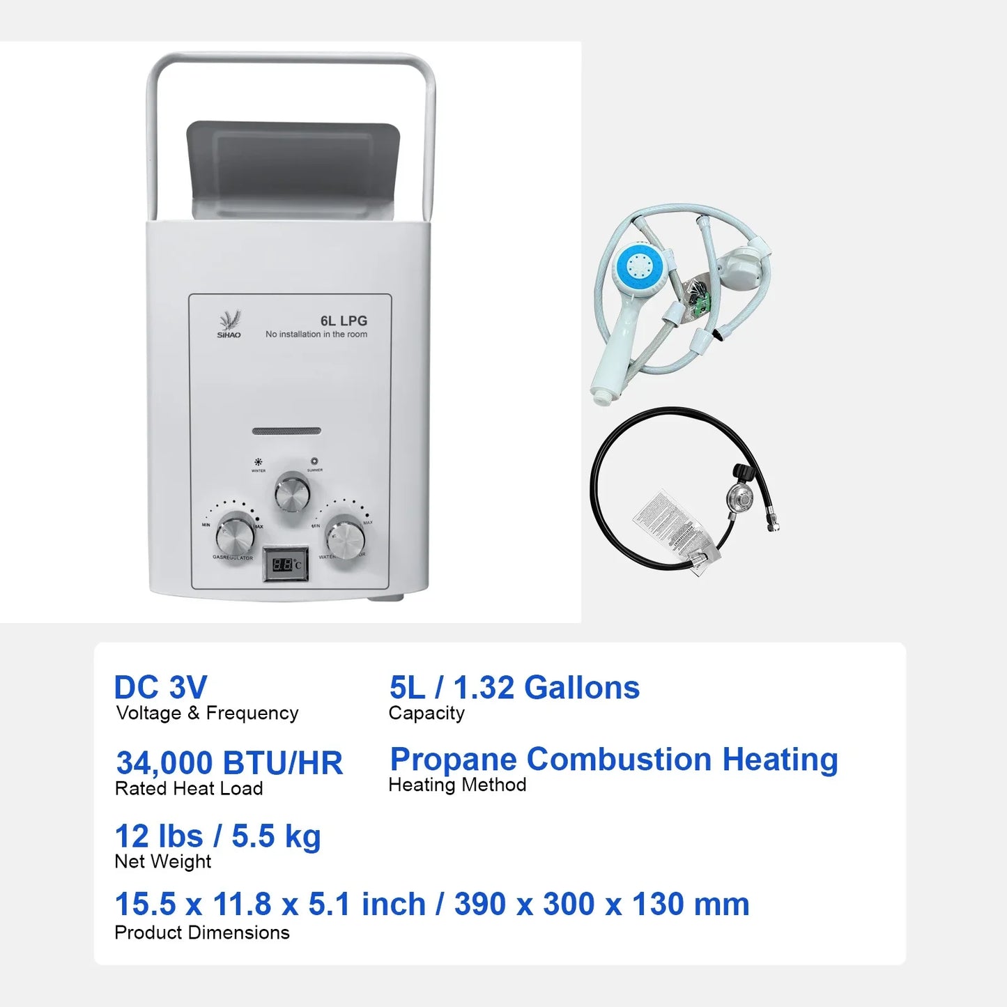 SIHAO 6L Instant Gas Water Heater with Digital Display — Portable Tankless LPG Heater for Outdoor Camping, Car Travel, RV, and Home Bathroom Hot Water Supply