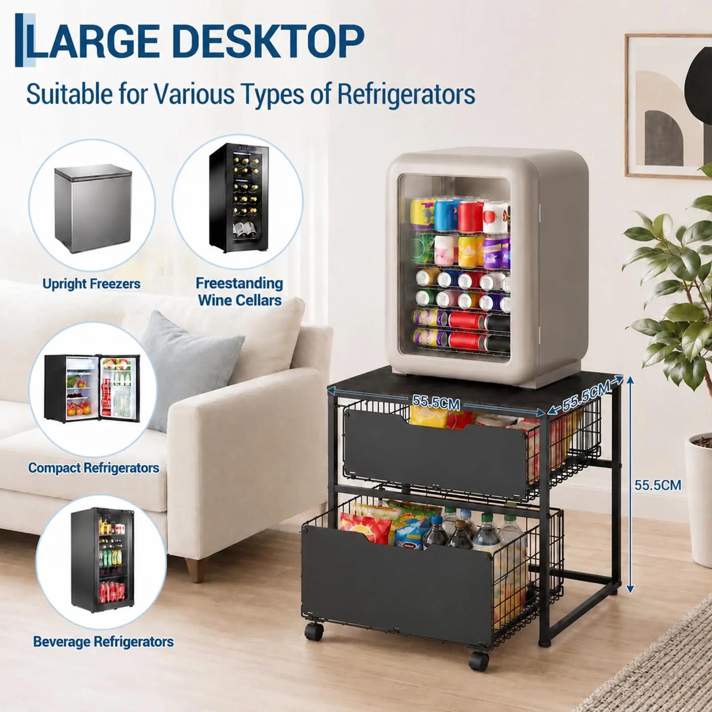 HiMISS Steel Mini Fridge Stand With Wheels And Storage Baskets
