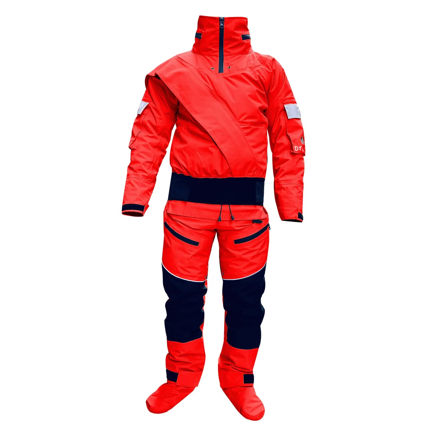 Men Red Kayaking Drysuit, Waterproof Breathable Full Body Dry Suit Cross Shoulder Zipper with Integrated Sock Feet, for Whitewater Rafting Canoeing Cold Water Paddling