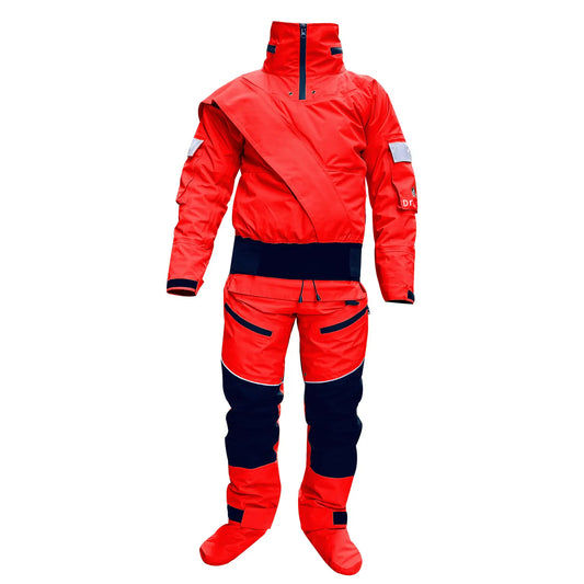 Men Red Kayaking Drysuit, Waterproof Breathable Full Body Dry Suit Cross Shoulder Zipper with Integrated Sock Feet, for Whitewater Rafting Canoeing Cold Water Paddling