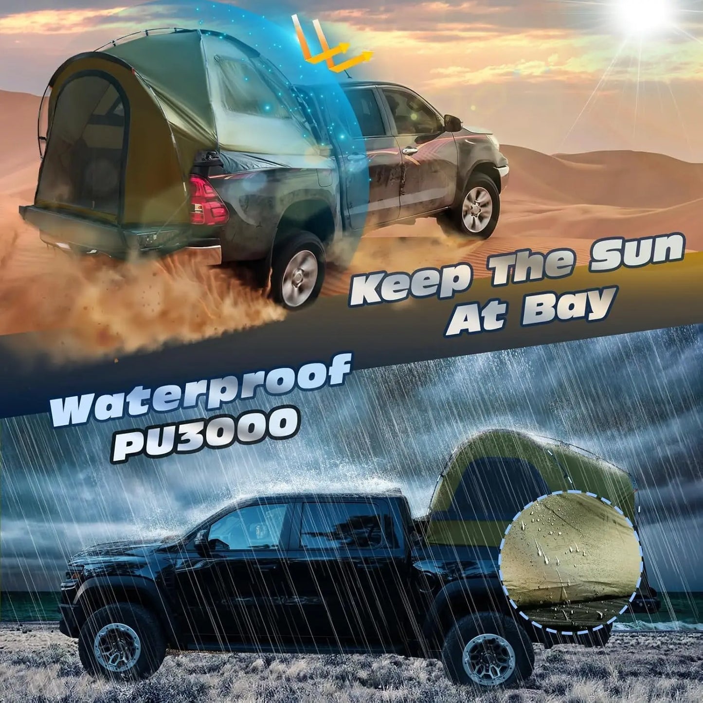 Waterproof PU3000mm Camping Tent for Pickup Truck Bed, 2-3 Person Sleeping Capacity, Portable Car Camping Shelter