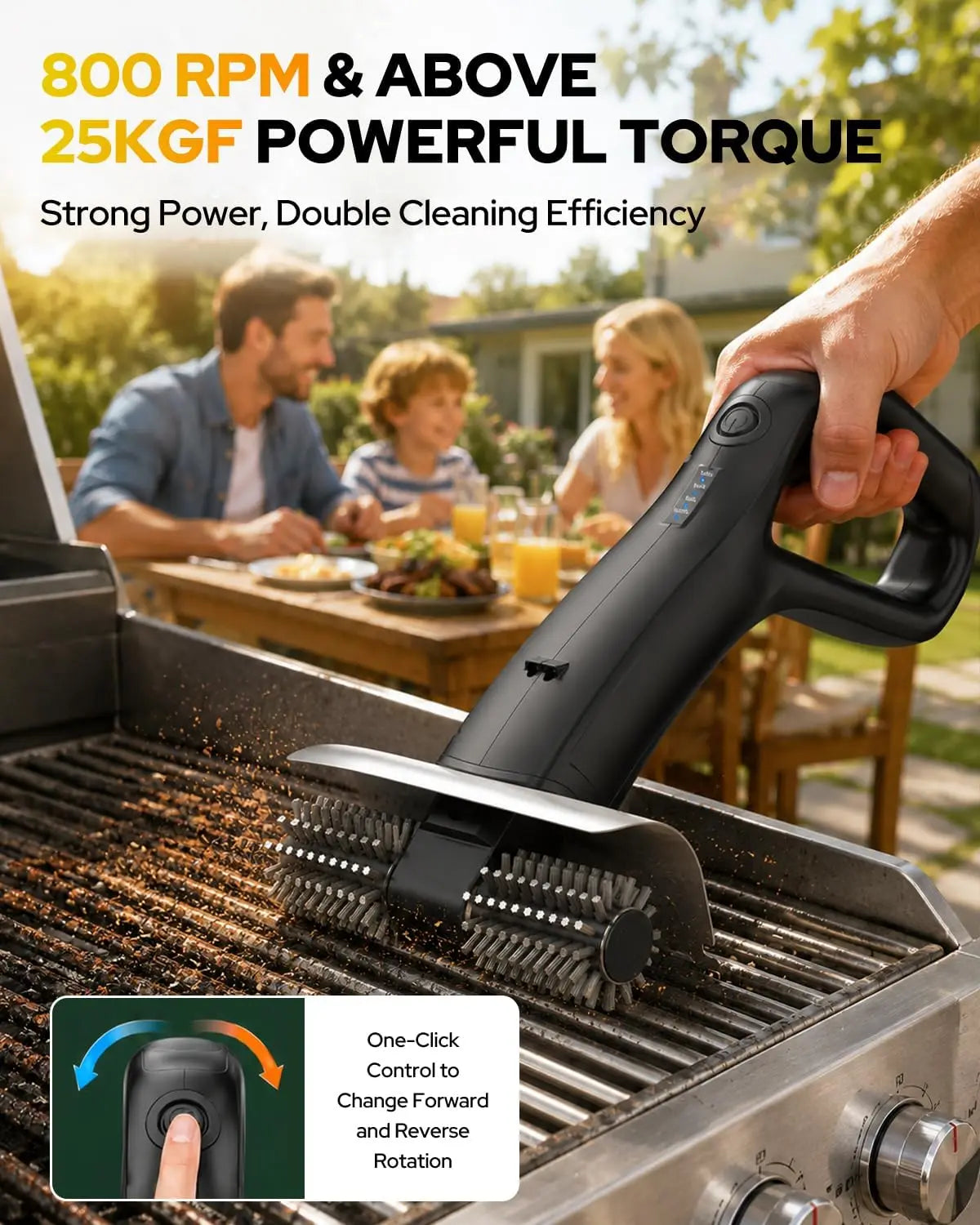 2026 Electric Grill Brush with 2 Brush Heads, 800RPM 25kgf High Torque BBQ Cleaner, 3500mAh Battery, 180 Mins Long Runtime, Extended Handle, Works as Grill Scraper for Tough Grease