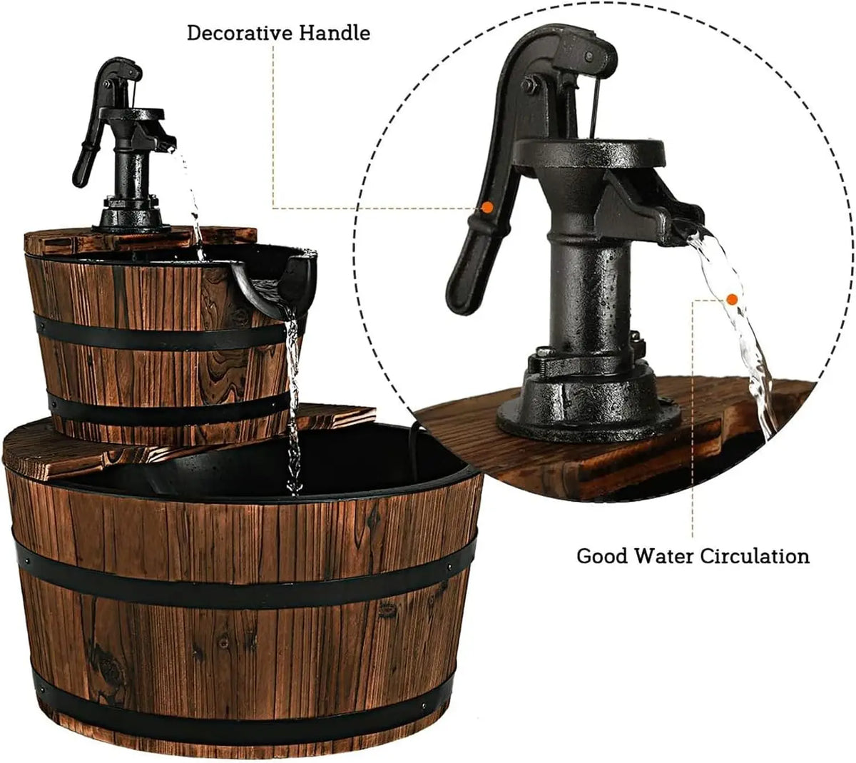 Two Tier Wooden Barrel Waterfall Fountain With Electric Pump