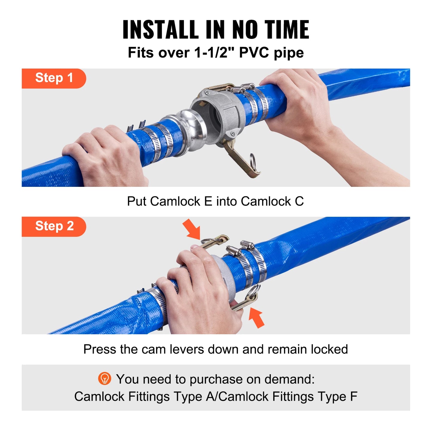 SucceBuy Pool Drain Hose 2 in by 50 ft Durable PVC Material, Aluminum Camlock C & E Connectors and Clamps for Pool Water Removal