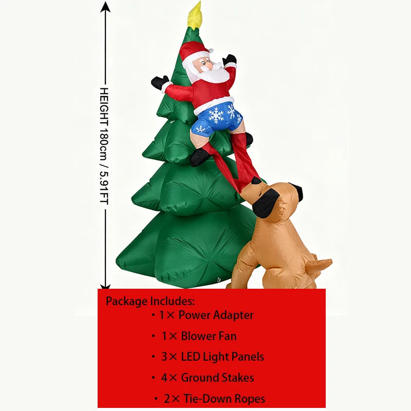 Christmas Inflatable Dog Chasing Santa Climbing Tree With LED Lights