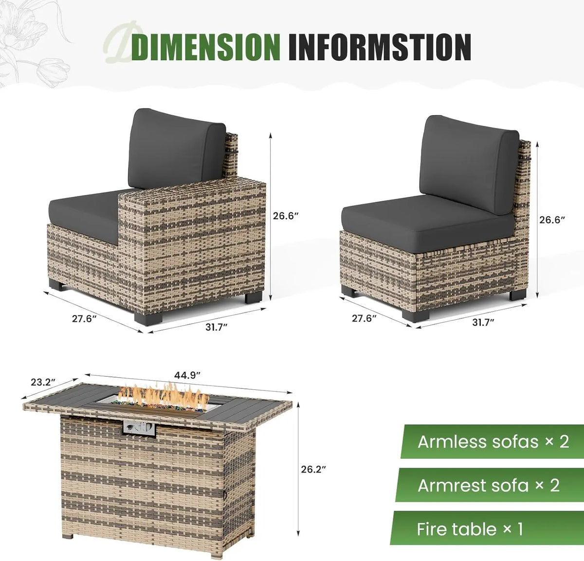 Outdoor Sectional Set Including Fire Pit Table, 8-Inch Armrest Sofas, 5-Piece All-Weather Wicker Conversation Seating for Garden and Backyard