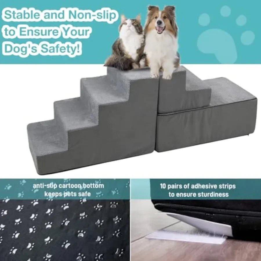 30 Dog Stairs for Small Dogs Cats to Access High Beds, Grey Polyester Fabric with Non-Slip Surface, No Assembly Required