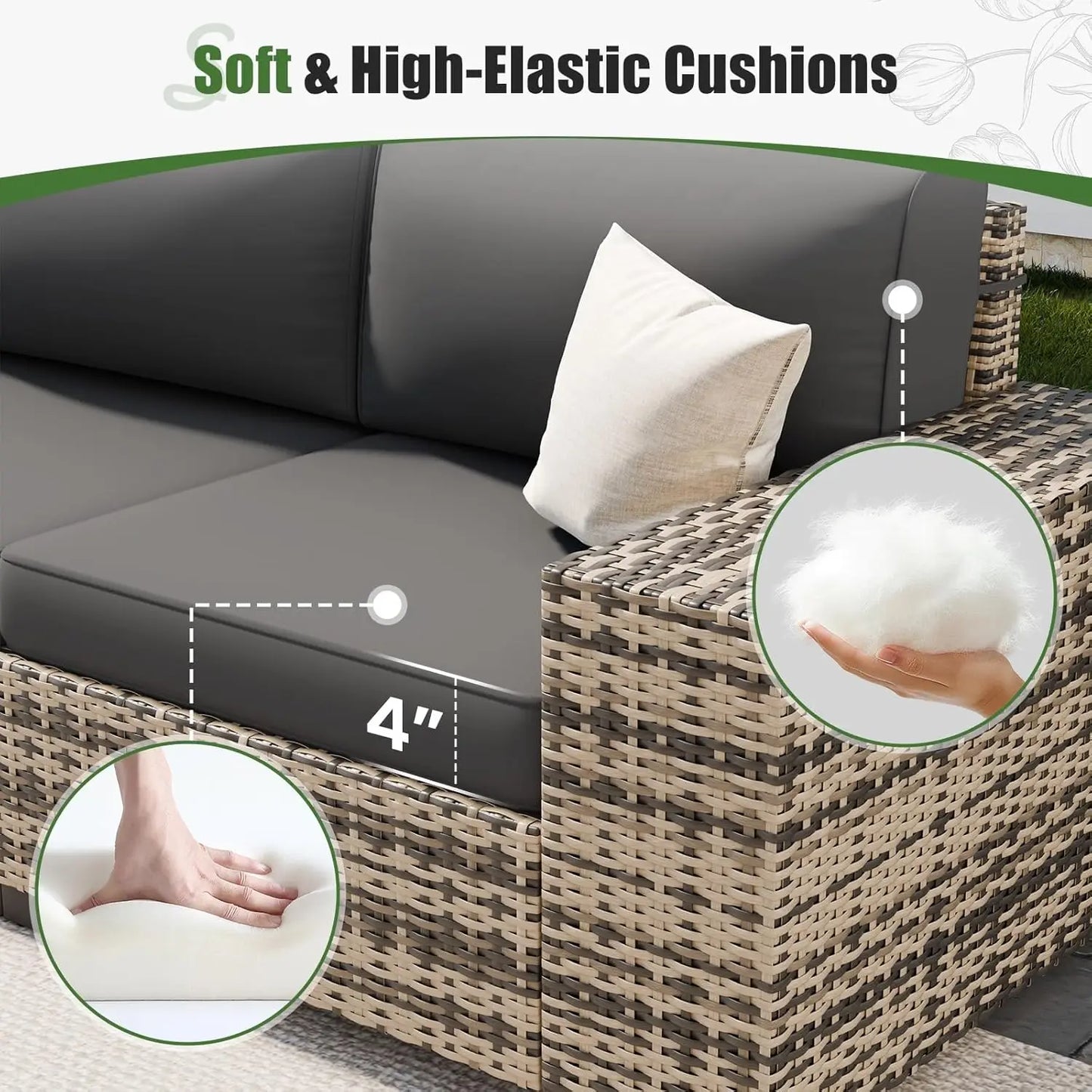 Outdoor Sectional Set Including Fire Pit Table, 8-Inch Armrest Sofas, 5-Piece All-Weather Wicker Conversation Seating for Garden and Backyard