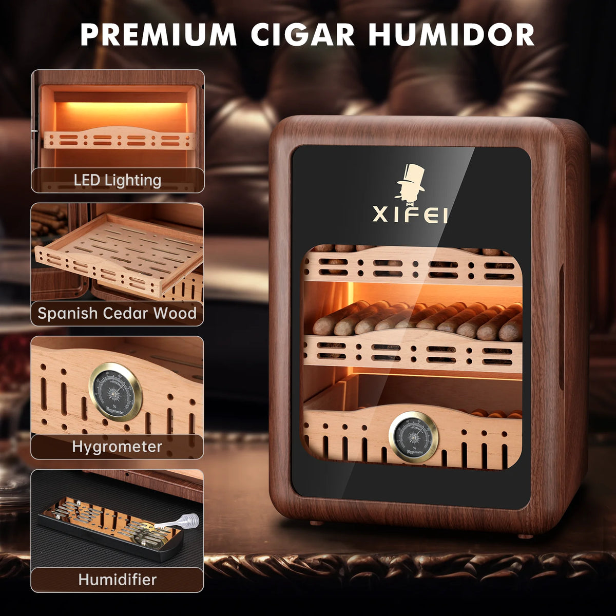 XIFEI Desktop Cigar Humidor With LED Lighting And Cedar Shelves