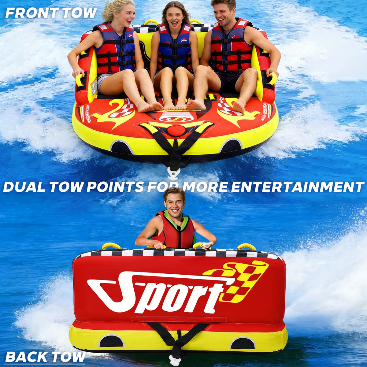 3 Person Towable Tube for Boating, Inflatable Sofa Boat Tube with Front & Back Tow Points, 0.65mm PVC & 840D Nylon Cover, for Lake River Water Sports Fun