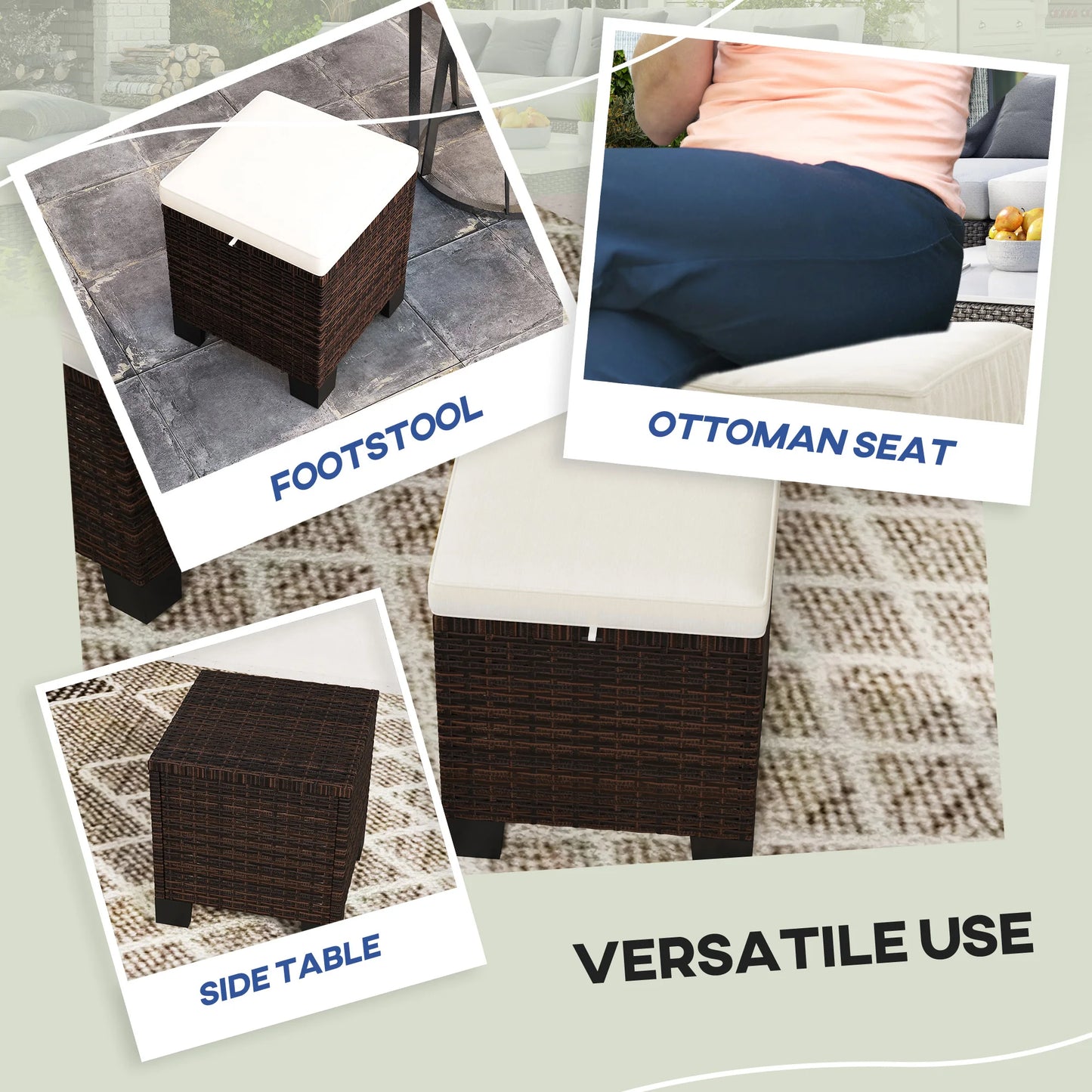 Wicker Outdoor Ottoman Footstool Set of 2 with Cushions, Beige