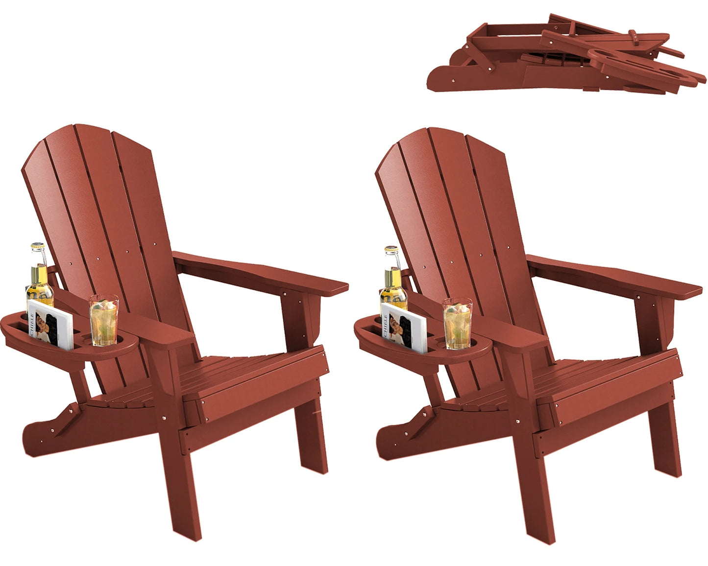 FOOWIN 2pcs Folding Adirondack Chair Weather Resistant HDPE Plastic Cup Holder Outdoor Patio Garden Fire Pit Deck Lawn