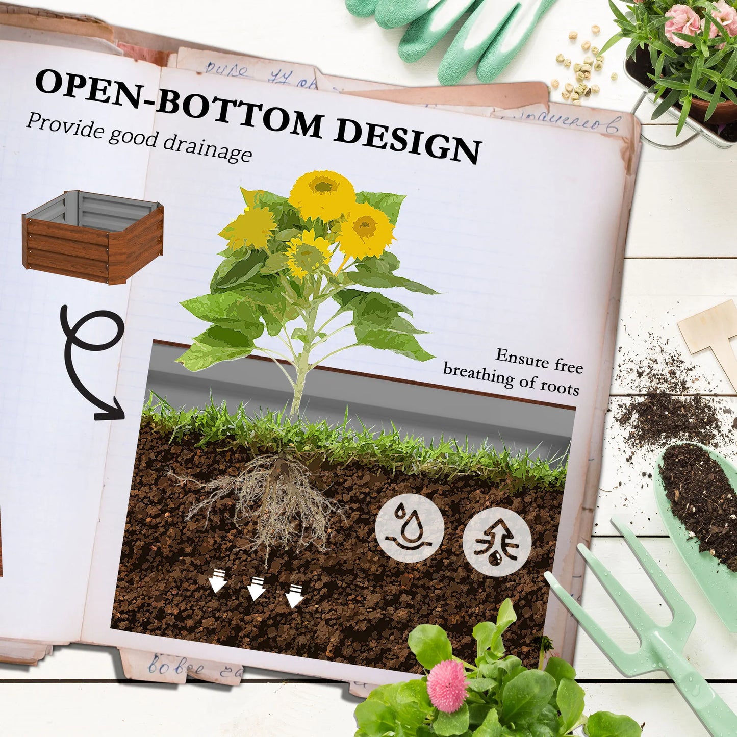 Galvanised Raised Garden Bed with Tomato Cage, Open Bottom, Brown