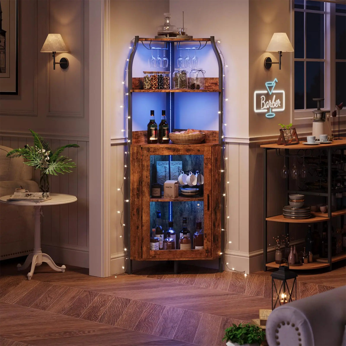 HiMISS Corner Bar Cabinet With LED Lights And Wine Rack