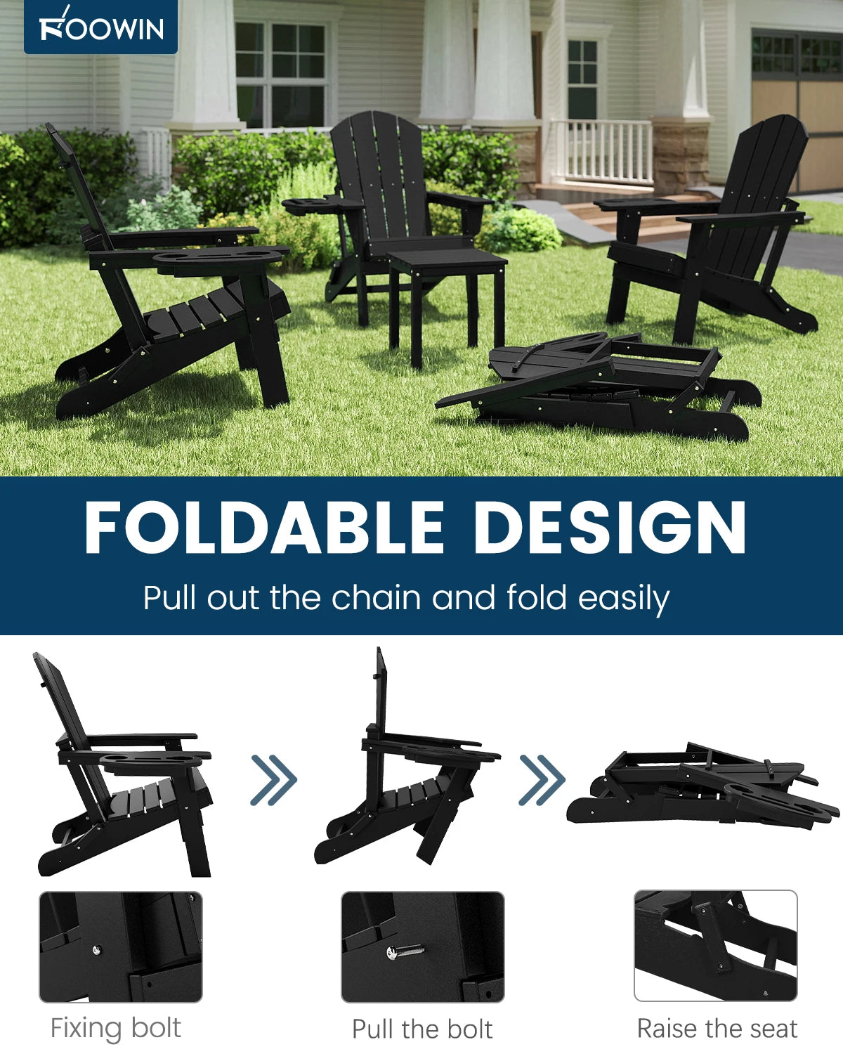FOOWIN 2pcs Folding Adirondack Chair Weather Resistant HDPE Plastic Cup Holder Outdoor Patio Garden Fire Pit Deck Lawn