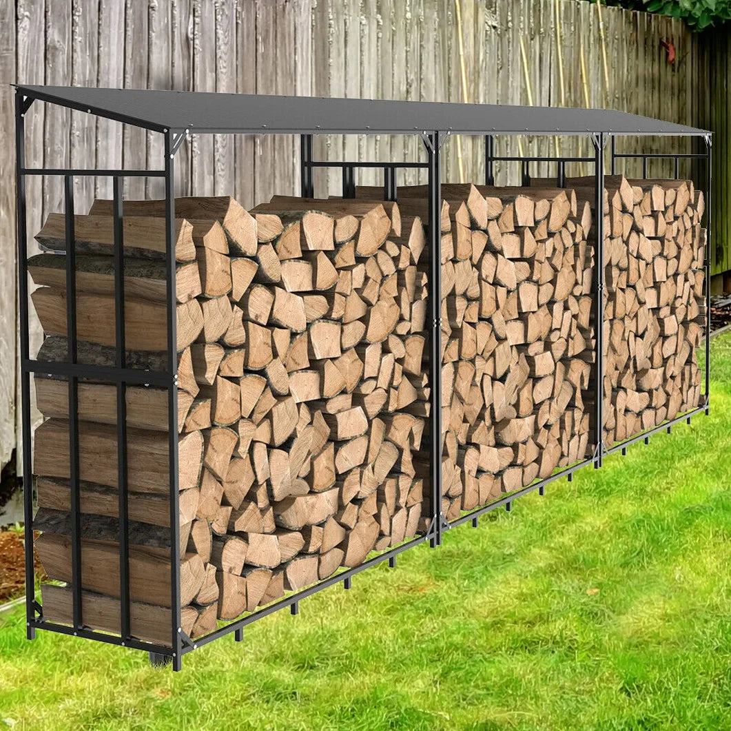 Heavy Duty Metal Firewood Rack With Top Cover Backyard Storage