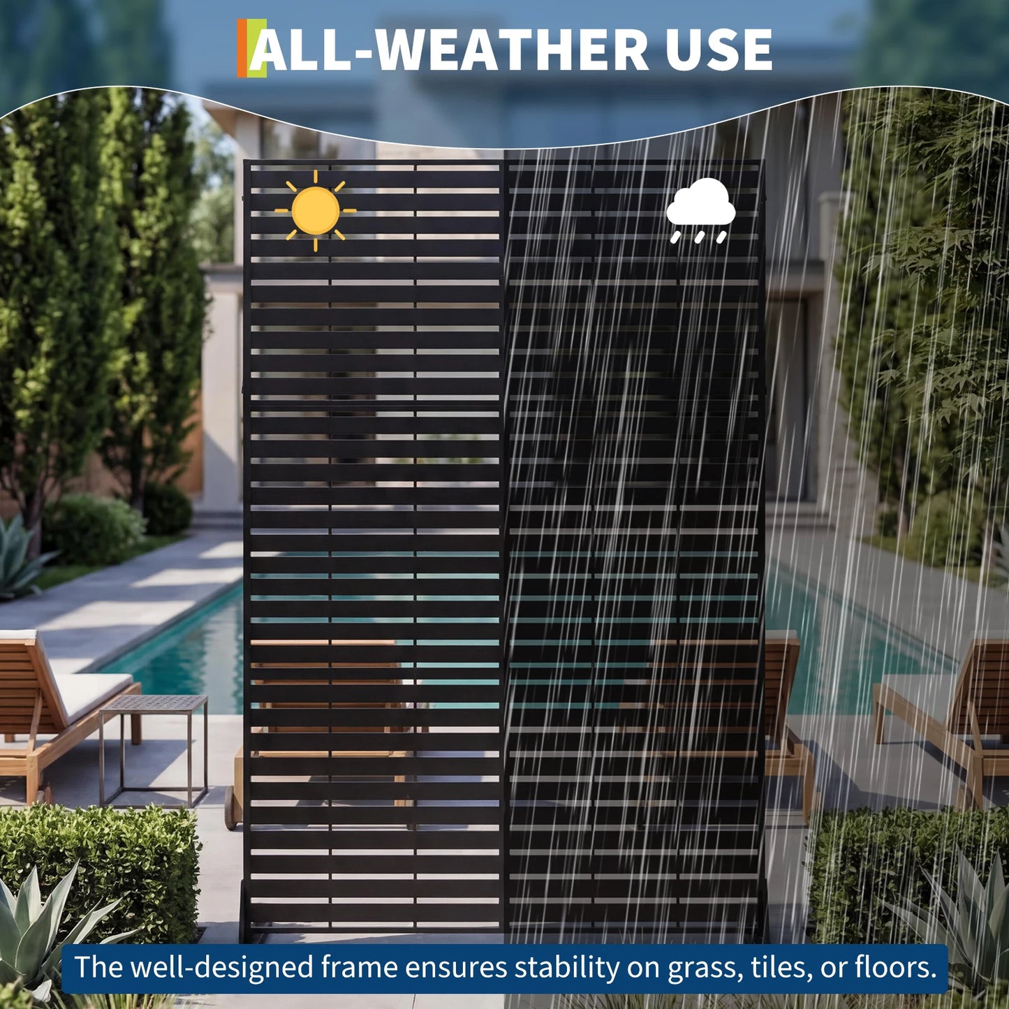 Freestanding Metal Outdoor Privacy Screen Fence - 78" H x 48" W - Rustproof Steel Divider, Modern Laser Cut, Weatherproof, Decorative Panel for Patio, Garden, Balcony, Pool, Room, Hot Tub