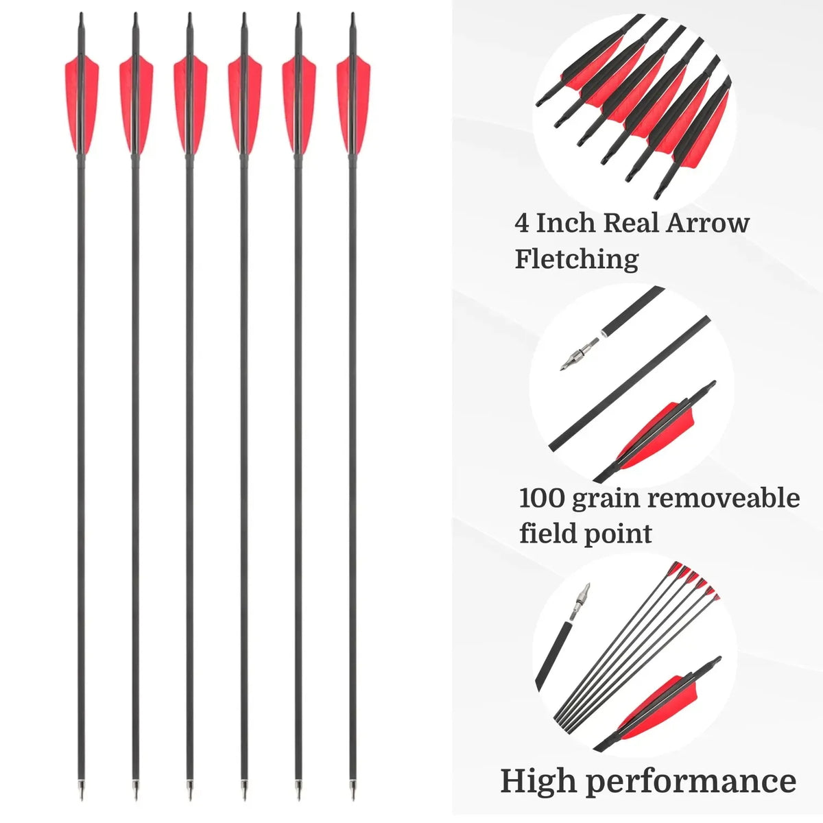 12pcs Archery Mixed Carbon Arrows Spine 500 ID6.2mm OD7.8mm 4 Inch Shield Turkey Feathers 100 Grain Tips for Compound Recurve Bow Hunting Shooting